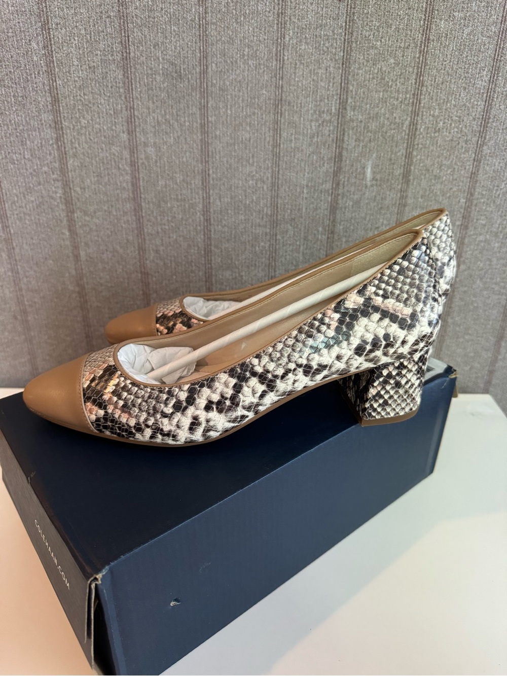 Cole Haan Snake-Print Block Heel Pumps with Taupe Cap Toe - Picture 3 of 6